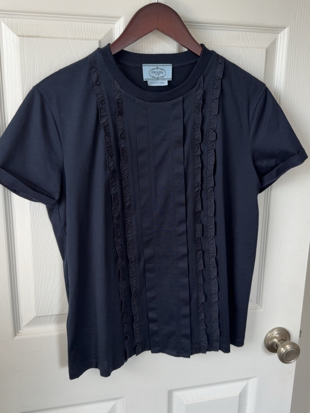Prada Navy Blue Short-Sleeve Ruffle Pintuck Tee